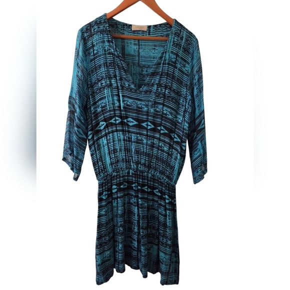 Language Blue Aztec Design 3/4 Sleeve Dress - Picture 1 of 6